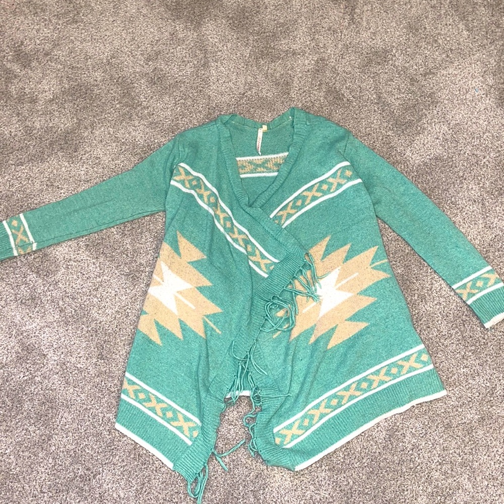 Aztec fringe open cardigan